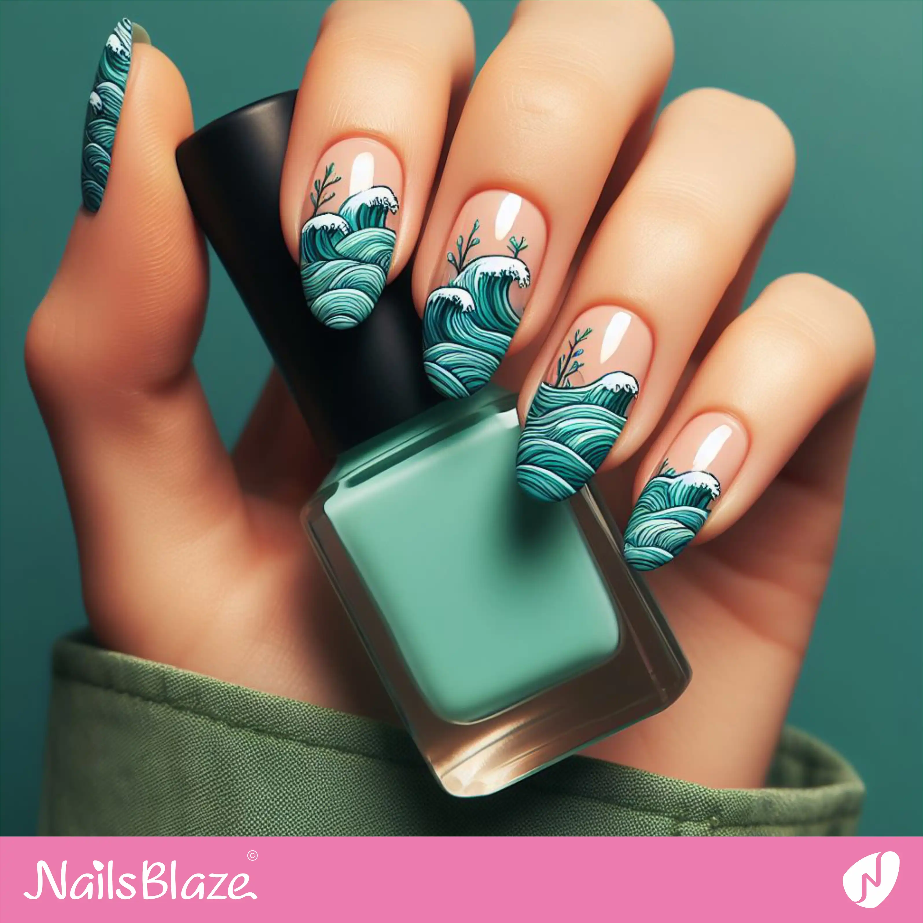 Stormy Waves Design for Long Almond Nails | Save the Ocean Nails - NB3287
